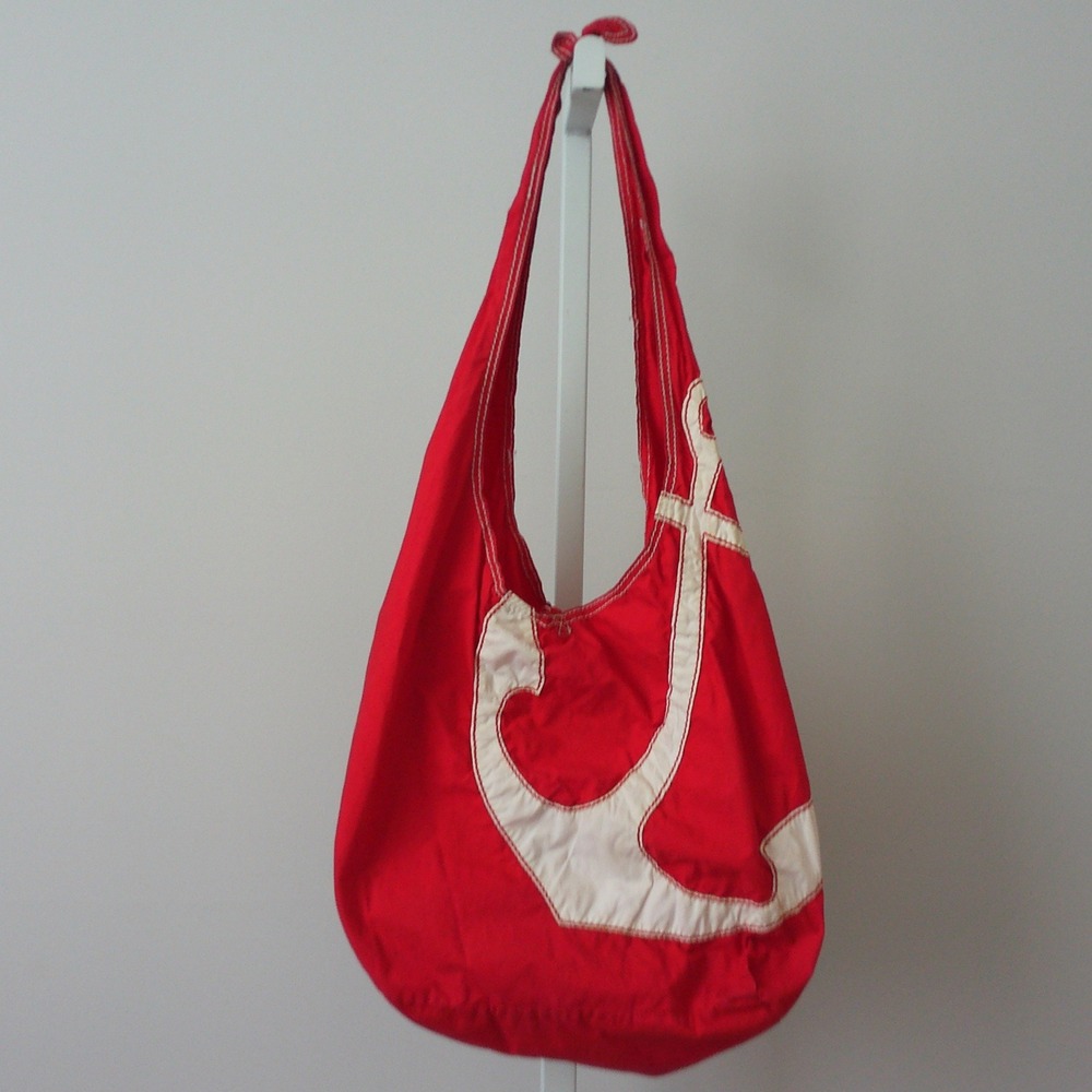 J. Crew Cotton Coastal Nautical Anchor Beachy Relaxed Red Hobo Tote Bag OS Red